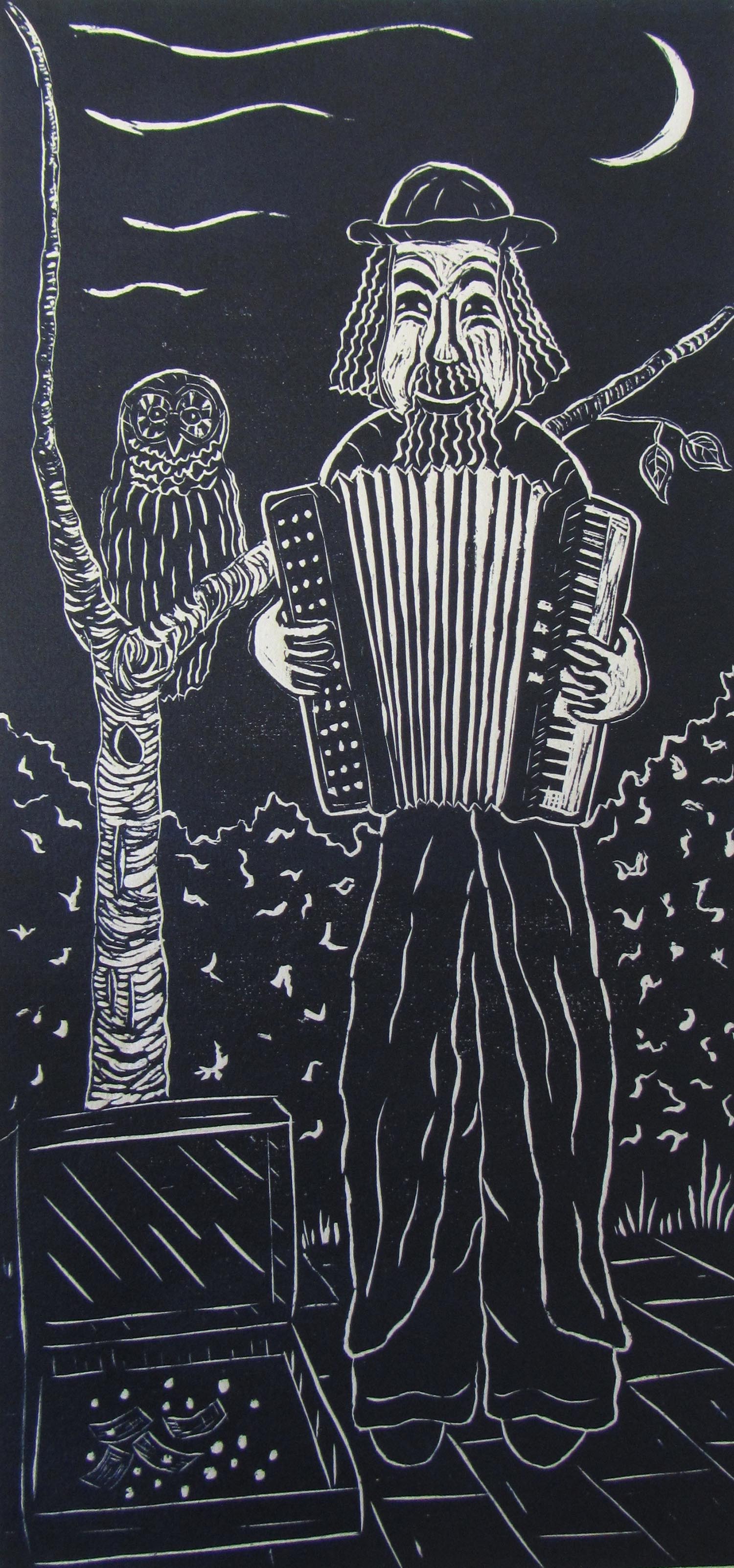 Photo of Busker 2 linocut